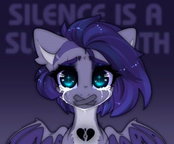 Size: 3445x2846 | Tagged: safe, artist:radioaxi, imported from derpibooru, oc, oc only, oc:poisoned calluna, bat pony, pony, bat pony oc, broken hearts, crying, gag, solo, tape, tape gag