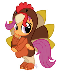 Size: 815x981 | Tagged: safe, artist:ponykittenboi, imported from derpibooru, scootaloo, pegasus, pony, cute, cutealoo, scootachicken, simple background, smiling, solo, standing on two hooves, turkey costume, white background