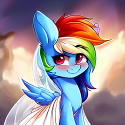 Size: 512x512 | Tagged: safe, imported from derpibooru, rainbow dash, pegasus, pony, ai content, ai generated, blushing, clothes, dress, generator:stable diffusion, looking at you, solo, wedding dress