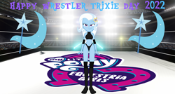 Size: 3330x1785 | Tagged: safe, artist:invisibleink, artist:xjkenny, imported from derpibooru, trixie, human, equestria girls, belly button, breasts, clothes, elbow pads, female, knee pads, shoes, solo, sports, sports bra, sports panties, trixie day, wrestler, wrestling, wrestling ring