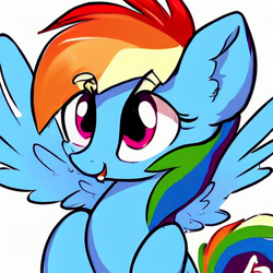 Size: 512x512 | Tagged: safe, imported from derpibooru, rainbow dash, pegasus, pony, ai content, ai generated, cute, generator:stable diffusion, simple background, solo, white background