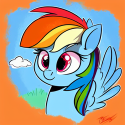 Size: 512x512 | Tagged: safe, imported from derpibooru, rainbow dash, pegasus, pony, ai content, ai generated, cute, generator:stable diffusion, orange background, simple background, solo
