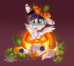 Size: 1920x1712 | Tagged: safe, artist:doekitty, imported from derpibooru, oc, oc only, pegasus, pony, chibi, female, freckles, halloween, holiday, jack-o-lantern, mare, one ear down, pumpkin, solo