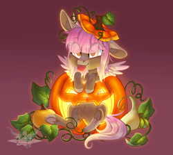Size: 1920x1712 | Tagged: safe, artist:doekitty, imported from derpibooru, oc, oc only, pegasus, pony, :p, chibi, eye clipping through hair, female, halloween, holiday, jack-o-lantern, mare, one ear down, pumpkin, solo, tongue out