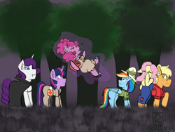 Size: 2048x1536 | Tagged: safe, artist:mintymelody, imported from derpibooru, applejack, fluttershy, pinkie pie, rainbow dash, rarity, twilight sparkle, earth pony, pegasus, pony, unicorn, clothes, costume, halloween, halloween costume, holiday, levitation, magic, magic aura, mane six, mlp fim's twelfth anniversary, telekinesis, unicorn twilight, vampire costume