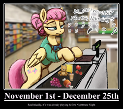 Size: 2980x2652 | Tagged: safe, artist:phutashi, imported from derpibooru, fluttershy, pegasus, pony, all i want for christmas is you, alternate hairstyle, apple, bipedal, bipedal leaning, book, bowtie, bubble tea, christmas, christmas music, counter, drink, emoji, female, fluttershy is not amused, food, grammar error, grapes, grocery store, hearth's warming, high res, holiday, holiday music, leaning, lidded eyes, mare, mariah carey, meat, microphone, music, music notes, piano keys, plushie, solo, strawberry, teddy bear, unamused