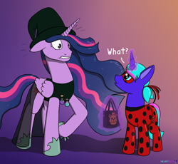 Size: 1953x1800 | Tagged: safe, artist:passionpanther, imported from derpibooru, twilight sparkle, oc, oc:heartbeat, alicorn, unicorn, the last problem, clothes, coccinellidaephobia, costume, duo, duo female, female, gradient background, halloween, halloween costume, hat, holiday, miraculous ladybug, nightmare night, nightmare night costume, older, older twilight, princess twilight 2.0, twilight sparkle (alicorn), witch, witch costume, witch hat