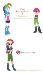Size: 744x1264 | Tagged: safe, artist:prettycelestia, imported from derpibooru, rainbow dash, scootaloo, oc, oc:rainbow strike, equestria girls, boots, clothes, denim, four arms, fusion, fusion:rainbow dash, fusion:scootadash, fusion:scootaloo, high heel boots, jacket, jeans, jewelry, multicolored hair, multiple arms, pants, purple eyes, rainbow hair, ring, shoes, simple background, skirt, white background