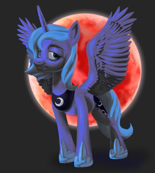 Size: 1733x1932 | Tagged: safe, artist:rollo32, imported from derpibooru, princess luna, alicorn, pony, black background, blood moon, blue hair, female, full body, gray background, halloween, holiday, mare, moon, nightmare night, painting, simple background, solo, spread wings, wings
