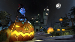Size: 3840x2160 | Tagged: safe, artist:egr1n, imported from derpibooru, trixie, pony, unicorn, 3d, blue mane, broom, clothes, fence, grass, halloween, hat, holiday, horn, house, jack-o-lantern, light, mare in the moon, moon, night, night sky, nightmare night, path, pumpkin, purple eyes, scarecrow, sky, solo, source filmmaker, stars, suit, tree