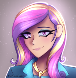 Size: 1960x1988 | Tagged: safe, artist:opal_radiance, imported from derpibooru, princess cadance, human, equestria girls, adorable face, beautiful, beautiful eyes, beautiful hair, blue eyeshadow, bust, colored pupils, cute, cutedance, dean cadance, eyelashes, eyeshadow, lipstick, makeup, multicolored hair, pink eyes, pink lipstick, portrait, princess, principal cadance, shiny, shiny eyes, shiny hair, smiling, solo, sparkles, woman