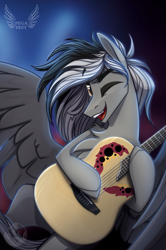 Size: 1355x2037 | Tagged: safe, artist:alrumoon_art, imported from derpibooru, oc, oc only, pegasus, pony, guitar, male, musical instrument, solo