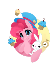 Size: 1668x2388 | Tagged: safe, artist:alrumoon_art, imported from derpibooru, angel bunny, pinkie pie, earth pony, pony, rabbit, alice in wonderland, animal, clock, cupcake, eyebrows, female, food, mad hatter, mare, simple background, smiling, transparent background