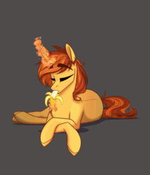 Size: 1668x1939 | Tagged: safe, artist:alrumoon_art, imported from derpibooru, oc, oc only, pony, unicorn, animated, banana, eyebrows, eyebrows visible through hair, female, food, gif, gray background, looking at you, lying down, mare, prone, simple background, solo