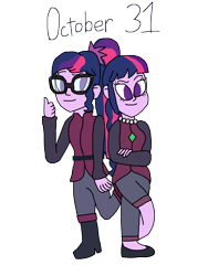 Size: 2500x3318 | Tagged: safe, artist:ktd1993, imported from derpibooru, sci-twi, twilight sparkle, human, equestria girls, 31, blight twins, clothes, costume, edric blight, emira blight, halloween, halloween 2022, holiday, october, simple background, the owl house, transparent background, twolight, witch