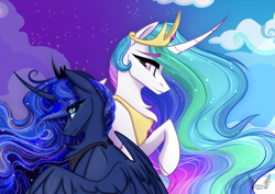 Size: 2183x1543 | Tagged: safe, artist:alrumoon_art, imported from derpibooru, princess celestia, princess luna, alicorn, pony, day, eyebrows, female, jewelry, mare, night, regalia, royal sisters, siblings, sisters, smiling