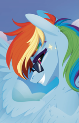 Size: 673x1051 | Tagged: safe, artist:alrumoon_art, imported from derpibooru, rainbow dash, pegasus, pony, eyebrows, female, mare, simple background, smiling, smug, solo, sunglasses, wings