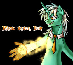 Size: 1024x916 | Tagged: safe, artist:not-ordinary-pony, derpibooru exclusive, imported from derpibooru, lyra heartstrings, unicorn, black background, crossover, female, hand, magic, magic hands, mare, metal gear, metal gear rising, senator armstrong, simple background, smiling, solo, text