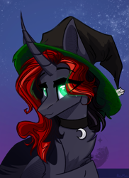 Size: 1211x1668 | Tagged: safe, artist:alrumoon_art, imported from derpibooru, oc, oc only, pony, unicorn, chest fluff, clothes, costume, female, halloween, halloween costume, hat, mare, solo, witch hat