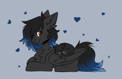 Size: 1356x876 | Tagged: safe, artist:dorkmark, imported from derpibooru, oc, oc:shadowguy, cat, pegasus, pony, chest fluff, ear fluff, happy, heart, lying down, male, prone, simple background, sketch, sleeping, stallion