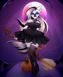 Size: 3270x3960 | Tagged: safe, artist:kutoshi, imported from derpibooru, oc, oc only, oc:zahara, anthro, zebra, blue eyes, broom, clothes, commission, dress, ears, ears up, female, hair, looking at you, mane, moon, pumpkin, pumpkin bucket, socks, solo, tail, thigh highs, ych result, zebra oc