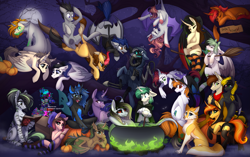 Size: 3581x2244 | Tagged: safe, artist:alrumoon_art, imported from derpibooru, oc, oc only, oc:alruna moonrise, oc:cardboard.exe, oc:darkmind, oc:dima, oc:dusk blade, oc:gear works, oc:hope, oc:irys, oc:kassandra, oc:pyrite trace, oc:rainy splash, oc:rayven, oc:shade demonshy, oc:sinari, oc:swango, alicorn, bat pony, earth pony, kirin, pegasus, unicorn, zebra, alrumoon halloween ych 2022, book, broom, cauldron, clothes, commission, flying, flying broomstick, hat, moon, night, pumpkin, socks, spider web, striped socks, tree branch, witch hat, ych result, zebra oc