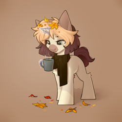 Size: 2480x2480 | Tagged: safe, artist:dorkmark, imported from derpibooru, oc, pony, unicorn, autumn, food, leaves, solo, tea