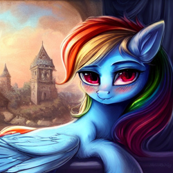 Size: 512x512 | Tagged: safe, imported from derpibooru, rainbow dash, pegasus, pony, ai content, ai generated, blushing, generator:stable diffusion, looking at you, solo