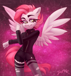 Size: 4424x4776 | Tagged: safe, artist:irinamar, imported from derpibooru, oc, oc only, oc:celestial flower, anthro, pegasus, buttons, clothes, commission, digital art, ear piercing, earring, eyelashes, female, green eyes, heart, jacket, jewelry, leather, leather jacket, looking at you, makeup, mare, pegasus oc, pendant, piercing, pockets, ripped stockings, shorts, simple background, smiling, smiling at you, solo, sparkles, stockings, tail, thigh highs, torn clothes, wings