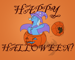 Size: 1748x1388 | Tagged: safe, artist:brehnya, imported from derpibooru, trixie, pony, unicorn, eyes closed, female, halloween, happy, holiday, mare, open mouth, pumpkin, simple background, sitting, solo