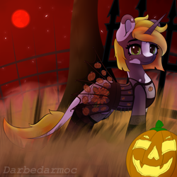 Size: 2048x2048 | Tagged: safe, artist:darbedarmoc, imported from derpibooru, blood moon, clothes, dress, fence, grass, halloween, halloween 2022, holiday, jack-o-lantern, moon, night, pumpkin, socks, tree