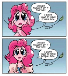 Size: 1061x1192 | Tagged: safe, artist:brendahickey, artist:lazy-ale, idw, imported from derpibooru, pinkie pie, earth pony, human, pony, spoiler:comic, spoiler:comic63, clothes, dialogue, female, floppy ears, full face view, gradient background, hoof on chest, hooves on chest, humanized, leaf, lipstick, looking at you, nail polish, sad, scene interpretation, solo, speech bubble, wavy eyes, wind