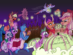 Size: 1024x768 | Tagged: safe, artist:princebluemoon3, color edit, edit, imported from derpibooru, applejack, gallus, ocellus, rainbow dash, smolder, spike, twilight sparkle, alicorn, changeling, dragon, earth pony, griffon, pegasus, pony, applejack is not amused, autumn, blowing, book, chocolate, clothes, colored, corn, dragoness, female, food, hay bale, hot chocolate, mlp fim's twelfth anniversary, night, pumpkin, scarecrow, scarf, striped scarf, twilight sparkle (alicorn), unamused, windmill