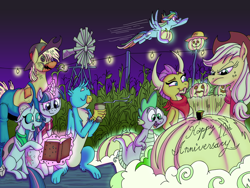 Size: 1024x768 | Tagged: safe, alternate version, artist:princebluemoon3, color edit, edit, imported from derpibooru, applejack, gallus, ocellus, rainbow dash, smolder, spike, twilight sparkle, alicorn, changeling, dragon, earth pony, griffon, pegasus, pony, applejack is not amused, autumn, blowing, book, chocolate, clothes, colored, corn, dragoness, female, food, glowing, hay bale, hot chocolate, mlp fim's twelfth anniversary, night, pumpkin, scarecrow, scarf, striped scarf, twilight sparkle (alicorn), unamused, windmill