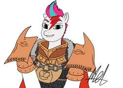 Size: 1680x1200 | Tagged: safe, artist:rawmel, imported from derpibooru, zipp storm, pegasus, pony, armor, clothes, colored, cosplay, costume, flat colors, g5, jaghatai khan, looking at you, mlp fim's twelfth anniversary, primarch, simple background, smiling, space marine, tattoo, warhammer (game), warhammer 40k, white background, white scars