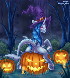 Size: 3024x3327 | Tagged: safe, artist:ingolf arts, imported from derpibooru, oc, oc only, oc:pearl wave, original species, pony, shark, shark pony, unicorn, butt, clothes, featureless crotch, female, fish tail, grass, grin, halloween, hat, high res, holiday, horn, jack-o-lantern, looking at you, mare, night, plot, pumpkin, smiling, smiling at you, solo, stars, tail, tree, witch, witch hat