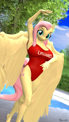 Size: 1080x1920 | Tagged: safe, artist:rekinek5-7, imported from derpibooru, fluttershy, anthro, pegasus, 3d, breasts, busty fluttershy, clothes, lifeguard, lifeguard fluttershy, looking at you, one-piece swimsuit, pose, red swimsuit, sexy, shirt, smiling, solo, source filmmaker, stupid sexy fluttershy, swimming pool, swimsuit, wings