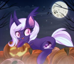 Size: 2553x2206 | Tagged: safe, artist:spookyle, imported from derpibooru, oc, oc only, oc:spectra, bat, bat pony, bat pony unicorn, hybrid, pony, unicorn, female, halloween, holiday, horn, jack-o-lantern, mare, moon, nightmare night, pumpkin, solo