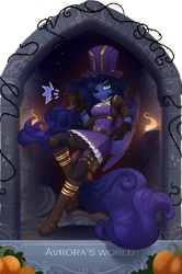 Size: 1625x2445 | Tagged: safe, artist:alrumoon_art, artist:avroras_world, imported from derpibooru, princess luna, alicorn, anthro, unguligrade anthro, boots, clothes, collaboration, collaboration:nightmare night event (2022), cosplay, costume, dress, female, gloves, hair over one eye, halloween, hat, holiday, horn, league of legends, long hair, long mane, long tail, looking at you, mare, nightmare night, pants, pumpkin, shoes, simple background, smiling, solo, tail, transparent background, wings