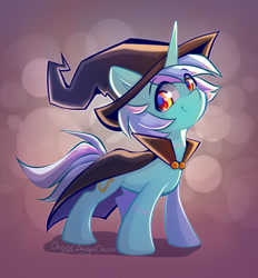 Size: 1026x1106 | Tagged: safe, artist:chaosangeldesu, imported from derpibooru, lyra heartstrings, pony, unicorn, abstract background, cape, clothes, cute, eye clipping through hair, female, halloween, hat, holiday, horn, lyrabetes, mare, signature, smiling, solo, witch hat