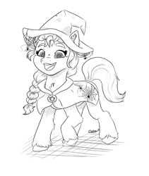 Size: 2392x2836 | Tagged: safe, artist:delfinaluther, imported from derpibooru, sunny starscout, earth pony, pony, spider, black and white, cute, female, g5, grayscale, hat, mlp fim's twelfth anniversary, monochrome, sketch, solo, spider web, sunnybetes, witch, witch costume, witch hat