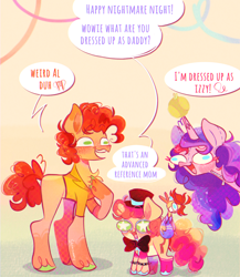 Size: 2042x2348 | Tagged: safe, artist:sockiepuppetry, imported from derpibooru, boneless, cheese sandwich, izzy moonbow, li'l cheese, pinkie pie, earth pony, pony, unicorn, the last problem, ball, bowtie, cheesepie, clothes, colt, cosplay, costume, crossover, father and child, father and son, female, five nights at freddy's, five nights at freddy's: security breach, foal, freddy fazbear, g5, glamrock freddy, gregory, hat, husband and wife, izzy's tennis ball, male, mare, markings, mother and child, mother and son, shipping, stallion, straight, tennis ball, top hat, unshorn fetlocks, voice actor joke, weird al yankovic