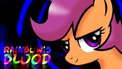 Size: 1280x720 | Tagged: safe, artist:taeko, derpibooru exclusive, edit, imported from derpibooru, scootaloo, pegasus, pony, 2022, abstract background, black outlines, female, looking at you, mare, older, rainbow's blood (song), redraw, shading, smiling, solo