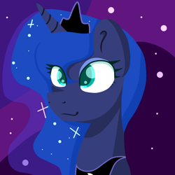 Size: 2022x2022 | Tagged: safe, artist:lindasaurie, derpibooru exclusive, imported from derpibooru, princess luna, alicorn, pony, bust, ethereal mane, eye clipping through hair, eyeshadow, female, high res, jewelry, lineless, makeup, mare, regalia, smiling, solo, starry mane, stars