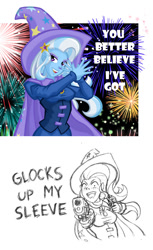 Size: 720x1175 | Tagged: safe, alternate version, artist:texasuberalles, imported from derpibooru, trixie, human, equestria girls, rainbow rocks, 2 panel comic, cape, clothes, comic, corset, fangs, female, fireworks, glock, gun, handgun, hat, looking at you, pencil drawing, pistol, shoes, skirt, smiling, solo, traditional art, tricks up my sleeve, weapon