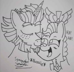 Size: 1419x1386 | Tagged: safe, artist:spoopygirl, imported from derpibooru, queen haven, pegasus, pony, unicorn, alphabittle blossomforth, alphahaven, art trade, female, g5, lineart, male, mare, shipping, stallion, straight, traditional art