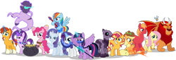 Size: 12172x4133 | Tagged: safe, artist:stellardusk, imported from derpibooru, applejack, big macintosh, double diamond, fluttershy, pinkie pie, rainbow dash, rarity, starlight glimmer, sunburst, sunset shimmer, twilight sparkle, alicorn, earth pony, ghost, goo, goo pony, manticore, parasprite, pegasus, pony, undead, unicorn, abomination (the owl house), abomination coven, alternate cutie mark, bard coven, beast keeping coven, cape, cauldron, clothes, construction coven, crossover, earth pony magic, emperor's coven, female, group, guitar, hat, healing coven, illusion, illusion coven, magic, male, mane six, musical instrument, oracle coven, plant coven, potion, potions coven, princess coven, show accurate, simple background, staff, stomping, telekinesis, the owl house, transparent background, twilight sparkle (alicorn)