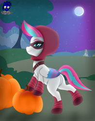 Size: 5075x6480 | Tagged: safe, artist:damlanil, imported from derpibooru, zipp storm, pegasus, pony, butt, city, clothes, costume, female, g5, halloween, holiday, hood, looking at you, mare, mlp fim's twelfth anniversary, moon, night, nightmare night, nightmare night costume, plot, pumpkin, smiling, solo, stars, tree, vector, wings, zippbutt