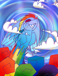 Size: 1841x2409 | Tagged: safe, artist:bluemoon, imported from derpibooru, rainbow dash, pony, cloud, multicolored hair, rainbow hair, smiling, solo, sonic rainboom