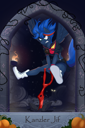 Size: 1625x2445 | Tagged: safe, artist:alrumoon_art, artist:kanzlerjif, imported from derpibooru, princess luna, alicorn, anthro, angry, anime, blade, clothes, collaboration, collaboration:nightmare night event (2022), cosplay, costume, dress, female, halloween, holiday, horn, jumping, kill la kill, mare, nightmare night, ryuko matoi, scissor blade, simple background, solo
